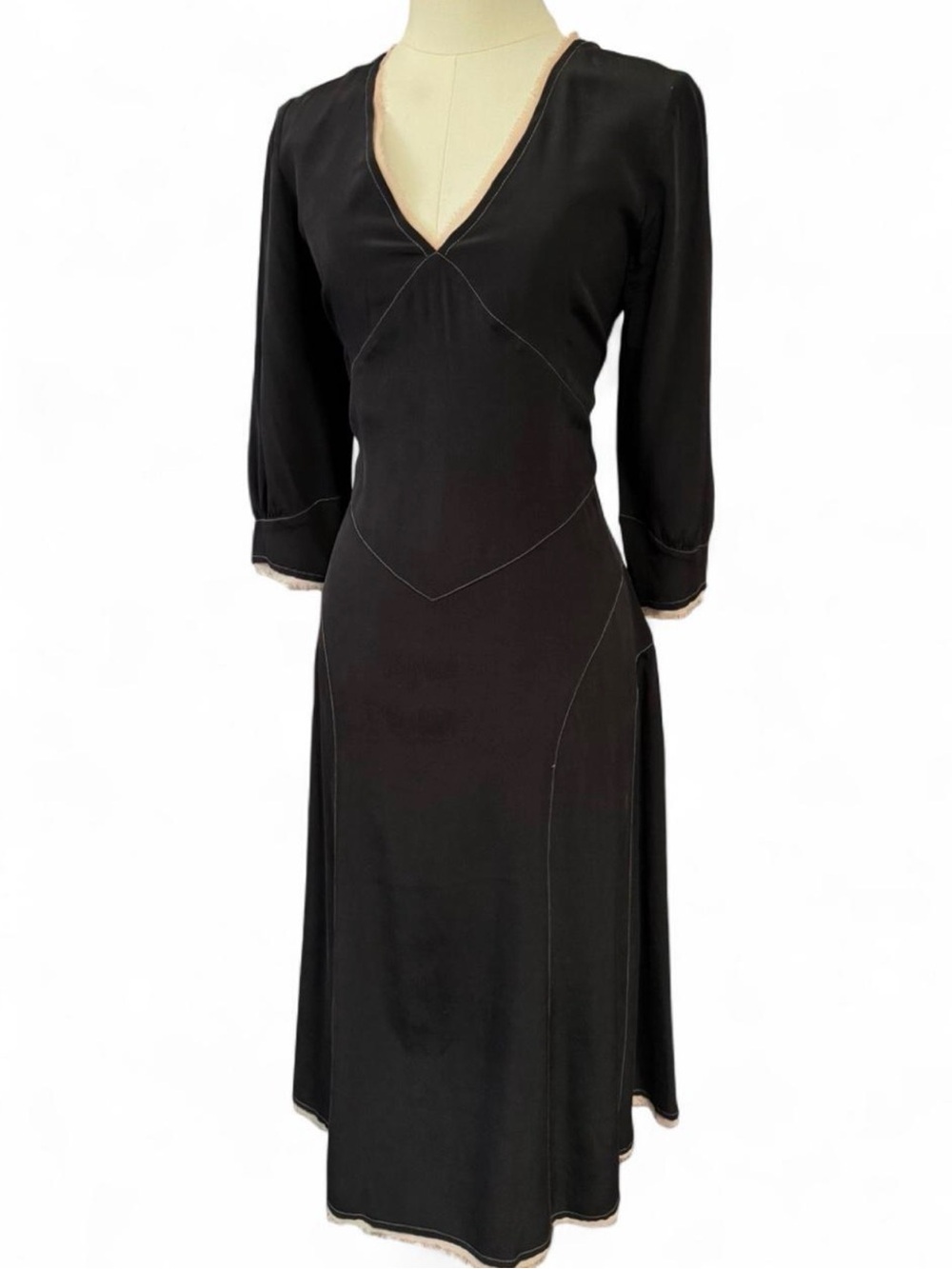 100% silk vintage Isabela Bird black midi dress with dreamy blush raw edge trim